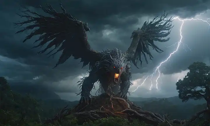 Bosque oscuro, cielo tormentoso, árbol antiguo con cicatriz relámpago, bestia gigante emergente del tronco, ojos brillantes, expresión feroz, garras afiladas y dientes, alas masivas desplegándose, chispas eléctricas alrededor de su cuerpo, nubes dramáticas en el fondo