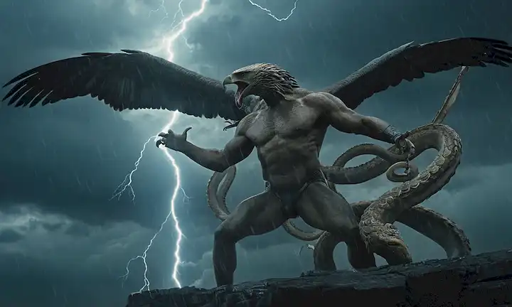 ilustración de estilo del siglo XIX con dos gigantes que luchan, uno que representa el neolamarckismo con una serpiente o brazos similares al pulpo, el otro simbolizando la selección natural con un depredador alado como un águila o halcón, en medio de un fondo tormentoso con relámpagos y nubes oscuras