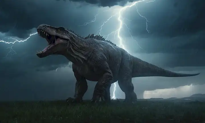 ilustración 3D de la enorme criatura prehistórica que emerge de la nube de tormenta, con rayos que golpean su cuerpo, rodeado de condiciones meteorológicas tormentosas, como el cielo oscuro, lluvia pesada y viento fuerte
