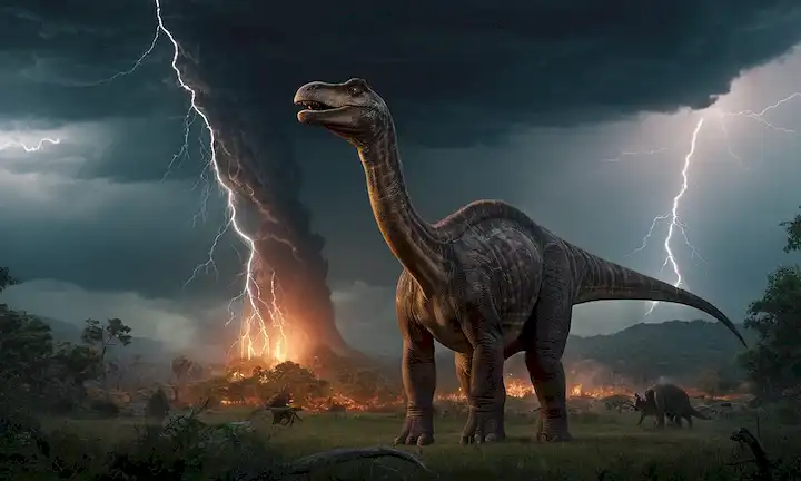 Bosque antiguo, era prehistórica, familia de sauropod masiva, madre trilladora, padre protector, niños curiosos, huelga de relámpago dramático, cielo tormentoso, nubes oscuras, chispas ardientes, atmósfera extraña
