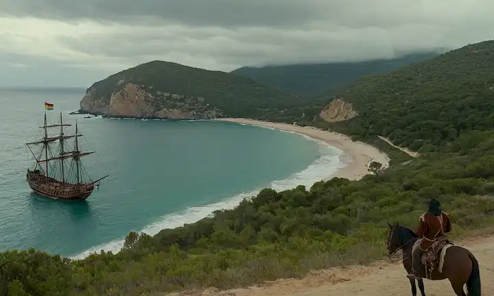 Naves españolas del siglo XVI que se acercan a la costa, indígenas que observan desde colinas y bosques, caballos pastando en la orilla, unos pocos guerreros montando a caballo de estilo español, un mapa o globo en el fondo, nubes con sutiles toques de niebla o niebla.