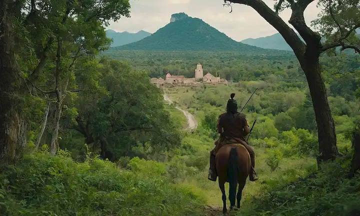 Indígena del siglo XVI Los americanos montando a caballo en un bosque exuberante