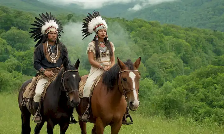 Tribus nativas americanas del siglo XVII, diversos atuendos y peinados, cabalgando caballos españoles, exuberantes bosques verdes, albores, valles iluminados por el sol, líderes tribales con tocados, adornos plumados, ambiente sereno, precolonización de la vida indígena