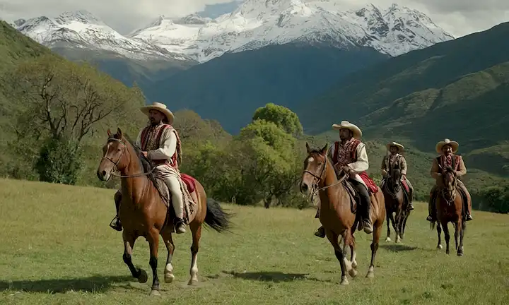 siglo XVI Paisaje andino con un galardón español hacia un grupo de jinetes indígenas a caballo, vestidos de atuendo tradicional, rodeados de exuberante vegetación y distantes montañas cubiertas de nieve