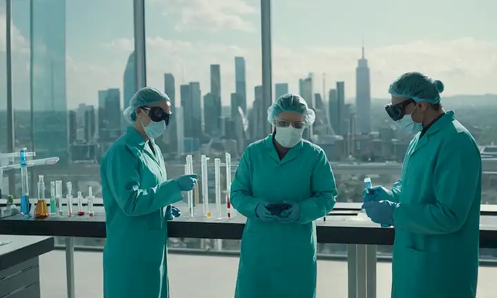 3D rendering of a futuristic lab with scientists in suits