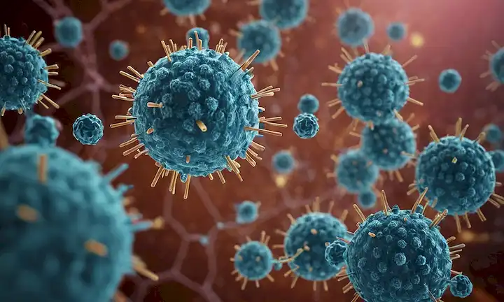 Estructuras moleculares 3D de mRNA y componentes de vacunas, virus o partículas de virus, células inmunes y anticuerpos en acción, ilustración colorida, fondo con efecto gradiente sutil, detalles y texturas intrincadas, tono científico y futurista