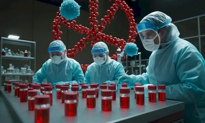 Células 3D con partículas mRNA, equipos de laboratorio, científicos en PPE, viales de vacunas, microscopios, platos petri, modelos moleculares, partículas de virus envolvidas por células inmunitarias, un globo con un símbolo X rojo que indica pandemias