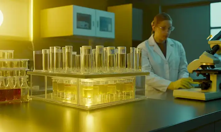 Un entorno de laboratorio con científicos en PPE, platillos Petri que contienen partículas de ARN, muestras centrífugas de spinning, un microscopio que examina virus y una vacuna vial en el fondo, todos bañados en una luz amarilla cálida que simboliza esperanza y progreso