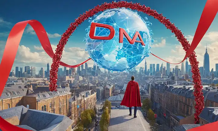 ilustración 3D de un helix de ADN con una capa de superhéroe, rodeado de estructuras moleculares de virus COVID-19, en medio de un paisaje urbano con personal médico y personas en máscaras, con una cinta roja y un globo en el fondo, todo en contra de un cielo azul brillante con unas pocas nubes brillantes