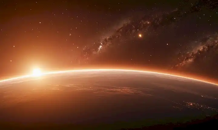 ilustración 3D de la atmósfera de las Tierras con velos vientos solares, brillo naranja sutil, y un esbozo débil de satélites en órbita, rodeado de pequeñas estrellas, con un toque de partículas de polvo cósmico