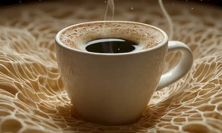 Células 3D en movimiento, taza de café giratoria, ecuaciones de matemáticas emergentes de espuma, tendriles wispy que conectan moléculas, formas geométricas que se despliegan de crema, patrones abstractos borrosos límites entre substancias