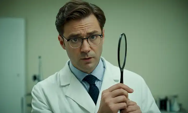 un hombre inspeccionado con una expresión severa, usando un abrigo blanco y sosteniendo un espejo dental, rodeado de sombras sutiles para transmitir un sentido del secreto, contra un fondo borroso de equipo de investigación, con esbozos débiles de los gráficos dentales e instrumentos se extendieron alrededor
