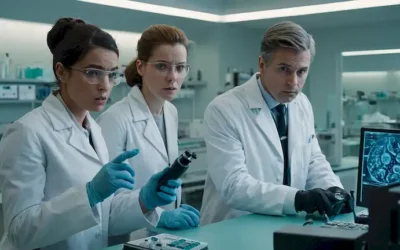 3 individuos en capas de laboratorio alrededor de una mesa con microscopios y equipo