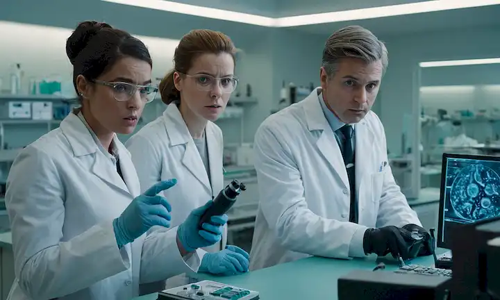 3 individuos en capas de laboratorio alrededor de una mesa con microscopios y equipo