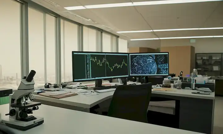 una foto de un edificio universitario, una oficina de profesores, un laboratorio, un microscopio, un tubo de prueba, un documento de investigación sobre un escritorio, una pantalla de computadora con análisis de datos, un estudiante preocupado en el fondo, una bandera saudita en la esquina