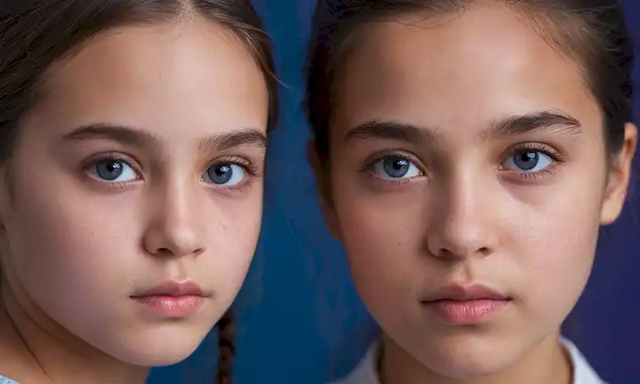 Un disparo de cerca, dos chicas jóvenes con características faciales idénticas, una con una expresión sana, la otra con un pallor enfermo, rodeado de sutiles tonalidades azules y púrpuras para significar una misteriosa enfermedad, puesta en contra de un fondo oscuro o mudo con toques de patrones orgánicos, evocando un sentido de misterio y desajuste