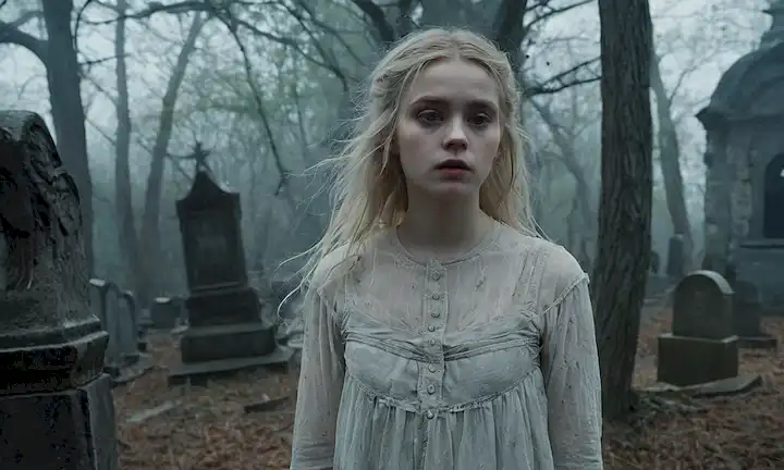 ilustración del estilo del siglo XIX, figura fantasmal de una joven con piel pálida y ojos hundidos, rodeada de pelos peludos y prendas transparentes, en medio de un bosque oscuro y malhumorado o un cementerio abandonado, con paredes de piedra desmoronadas y ramas de árboles torcidos que llegan hacia ella, transmitiendo un ambiente misterioso y misterioso