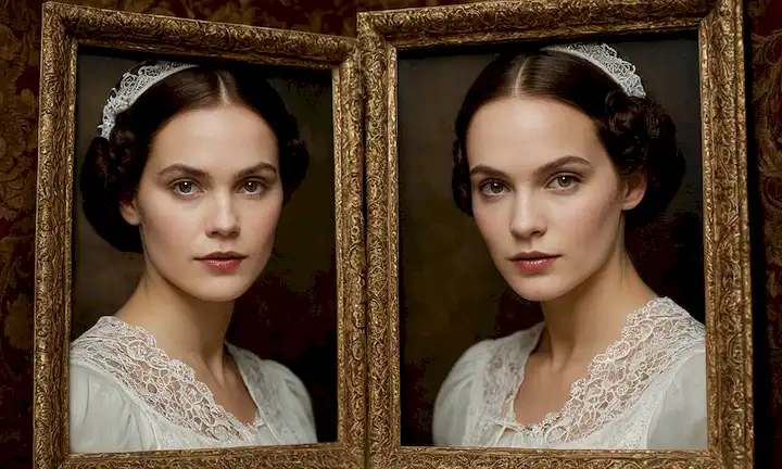 Un retrato inquietante de una mujer con hermana gemela idéntica, luz estremecedora, sutiles toques de misterio, marco de fotografía de estilo vintage, encaje intrincado, y susurros débiles del pasado