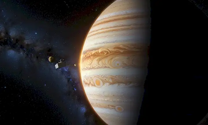 Órbitas planetarias 3D, una nave espacial que se acerca a la luna de hielo Júpiters, vientos solares interactuando con líneas de campo magnético, ondas gravitacionales que ondean por el espacio, un telescopio óptico que captura luz galaxia distante