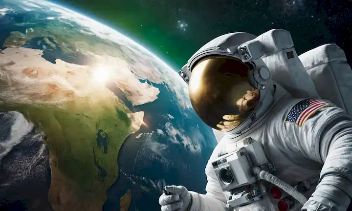 astronauta 3D en traje espacial mirando a la Tierra desde la distancia, con estrellas y fondos de galaxias, nave espacial cercana, equipo científico disperso alrededor, planeta verde en primer plano, astronautas sostienen a mano un pequeño globo