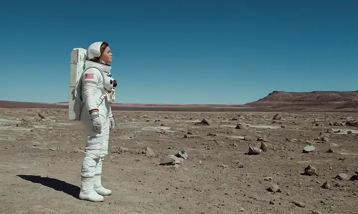Una mujer en un traje blanco de pie sobre una superficie planetaria con un paisaje estéril en el fondo