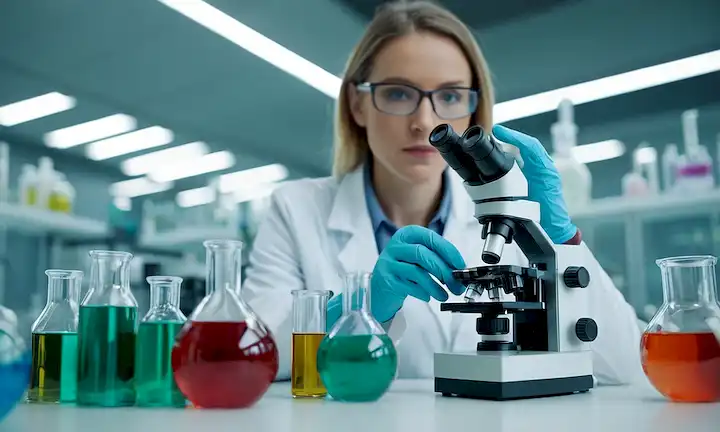 3D rendering of a lab technical in gloves holding a microscope, with a petri plate containing a bioengineered organ on the counter, surrounded by beakers and tubes filled with colored liquids, against a borred background of futuristic laboratory equipment
