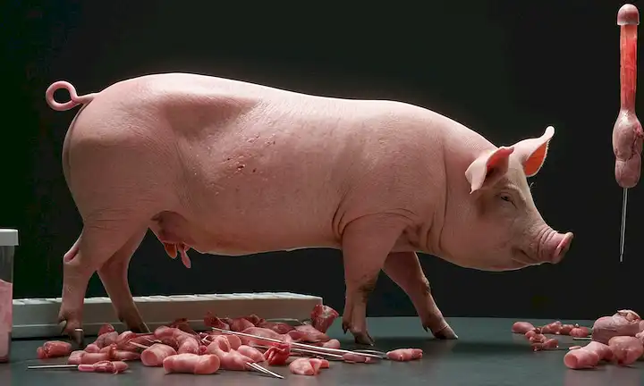 Modelo 3D de un cerdo con un injerto de órganos como humano, herramientas quirúrgicas dispersas alrededor, fondo de laboratorio, iluminación suave, animación translúcida para ilustrar el funcionamiento interno