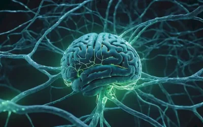 ilustración 3D del cerebro humano con neuronas y conexiones neuronales encendidas como un paisaje urbano por la noche