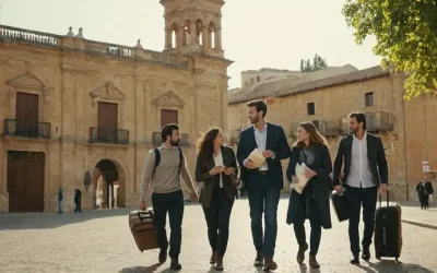 Un grupo de investigadores del cerebro caminando a través de una puerta de la ciudad