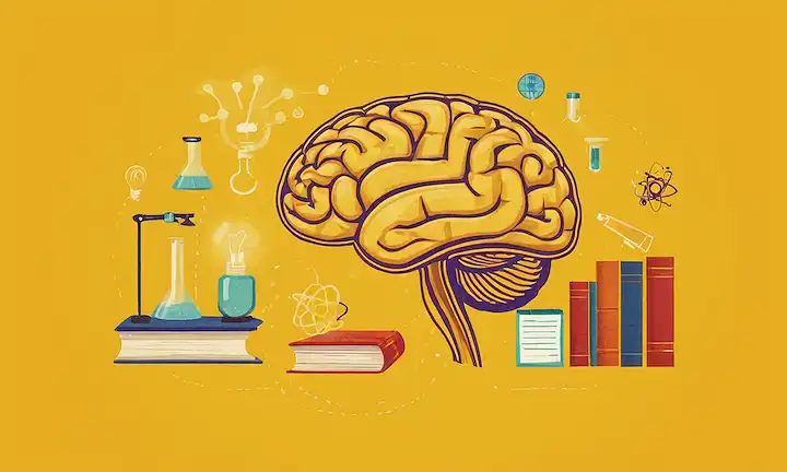 Un fondo amarillo brillante con un efecto gradiente sutil, un ícono de cerebro o cabeza estilizado, una cinta fluida o un streamer con símbolos relacionados con la investigación como tubos de ensayo de laboratorio, microscopios y libros, un esbozo débil de la bandera española, y algunas neuronas dispersas o chispas en movimiento