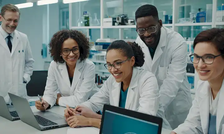 Un grupo de científicos sonrientes con diversos orígenes y edades, rodeados de ordenadores portátiles, libros y equipos de experimento, en un ambiente de laboratorio de investigación brillante y moderno, con un toque sutil de internacionalidad a través de símbolos culturales o idiomas