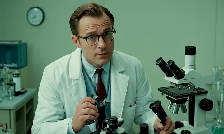 Científico de estilo 1950 en un laboratorio, con gafas y un abrigo blanco, rodeado de equipos médicos y microscopios, con un toque de nostalgia y respeto a la figura pionera