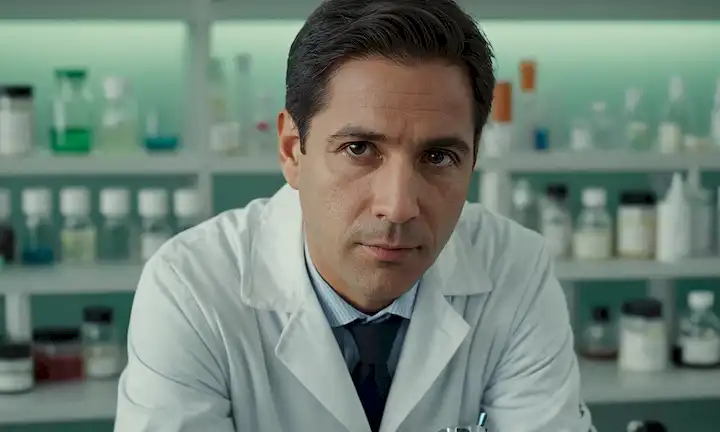 Un retrato de César Nombela en un abrigo de laboratorio, rodeado de equipos científicos y platos Petri, con un microscopio y toboganes en el fondo, frente a un esquema de color neutro o mudo, con un toque sutil a sus logros académicos y legado en la medicina