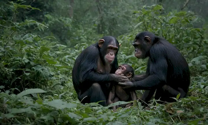 Un grupo de chimpancés adultos que se reúnen en un claro, rodeado de follaje denso, con varios chimpancés juveniles dispersos alrededor; un adulto está sosteniendo a un bebé recién nacido contra su pecho, otro se muestra con un cuerpo desgarrado y maltratado cerca; el ambiente es oscuro y sombrío, con niebla o niebla que añade al sentido de la falsificación