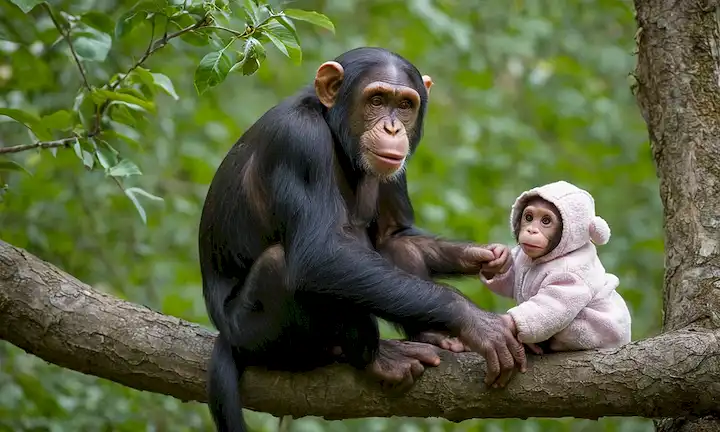 Una madre chimpancé sosteniendo a un bebé, sentado en una rama del árbol, mirándose unos a otros con grandes ojos y rostros sonrientes, rodeado de hojas, jugando con juguetes hechos de ramitas y flores, manos suaves tocando y acariciando