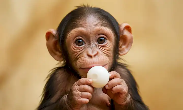 infantil chimpancé de 3 meses con juguete pequeño o chupete, mirando a la cámara con expresión curiosa; enfoque suave en la cara de los bebés; iluminación cálida y dorada; fondo borroso
