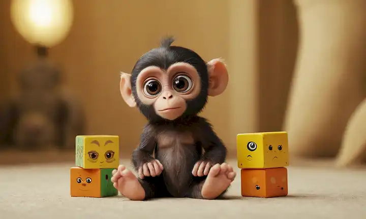 2 primates sentados verticalmente, manos agarrando bloques de juguete, expresiones curiosas, ojos grandes, características faciales similares, dedos pequeños, piel suave vs piel suave