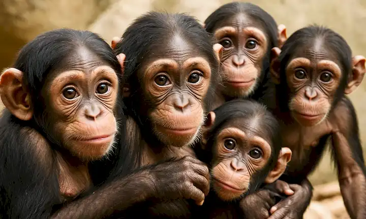 Grupo de chimpancés infantiles, caras curiosas, manos juntas, ojos cerrados, toque suave, momentos tiernos, iluminación cálida, entorno natural