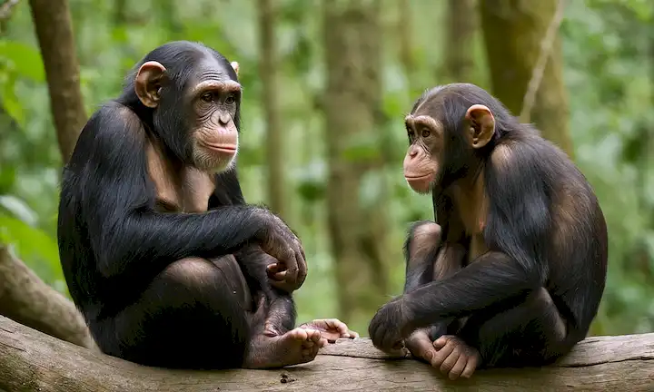 2 bebés chimpancé que se miran entre sí con expresiones curiosas, un fondo forestal con árboles altos y vides, una luz sutil que brilla desde arriba, suave juguenza en sus posturas, momento tierno entre dos primates, escena cautivadora de la comunicación