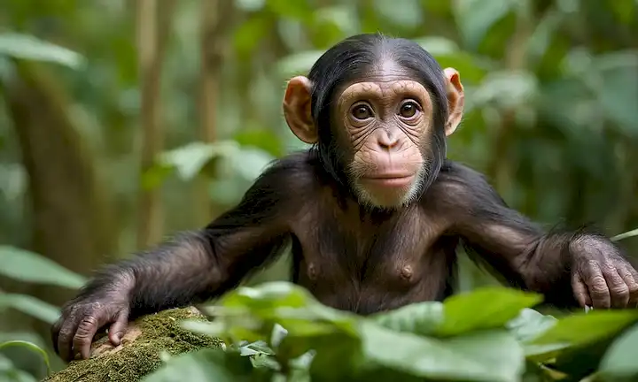 bebé chimpancé de 3 meses, rodeado de hojas, sosteniendo un juguete, mirando hacia arriba con expresión curiosa, con chimpancé adulto en el fondo, en el entorno natural del hábitat, iluminación cálida y enfoque suave, transmitiendo inocencia y curiosidad