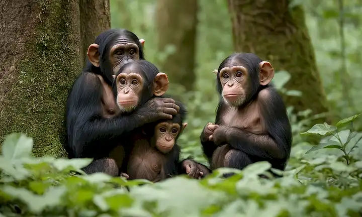 5-6 bebés chimpancé jugando
