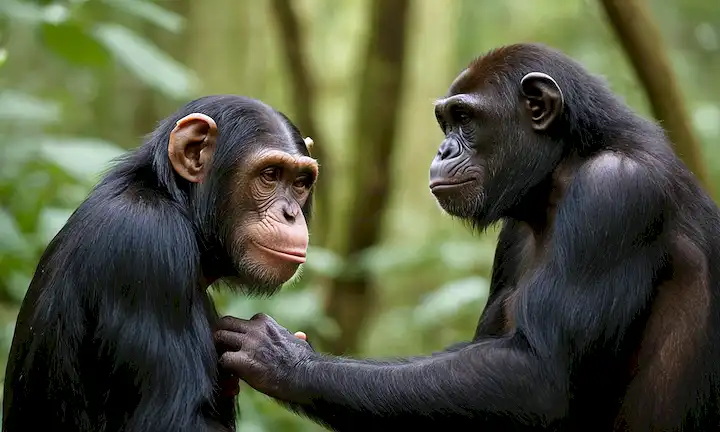 2 primates, un chimpancé y un bonobo, en un entorno forestal, agarrando las manos o abrazando, con árboles y follaje en el fondo, iluminación caliente, rostros sin expresión, mirando directamente unos a otros, con sutiles toques de reconocimiento, rodeado de recuerdos de su pasado compartido