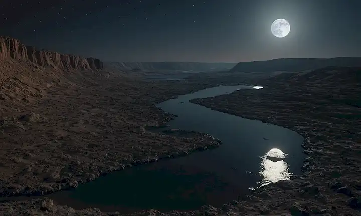 Paisaje luna 3D con terreno rocoso, cráteres, y una vasta extensión de depósito de agua en la distancia, rodeado de sombras, con el débil resplandor de estrellas arriba