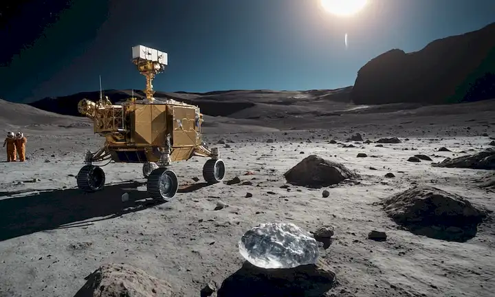 3D ilustración de superficie lunar, horizonte de lunas en vista, sonda espacial china Cambio 5 módulo de aterrizaje, muestra de recogida de brazo robótico, gran depósito de hielo de agua en el fondo, iluminado por la luz solar, cráteres y rocas en primer plano, Tierra visible en la distancia
