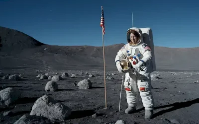 Una foto de Christina Koch de pie en la superficie lunar