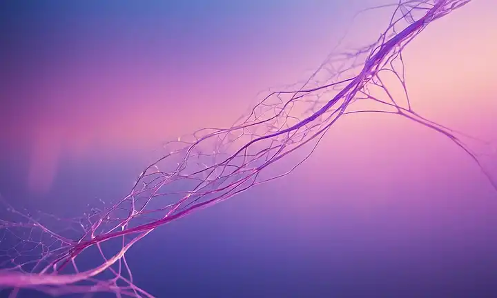 neuronas 3D en una estructura similar a la web, con sinapsis azul brillante, rodeadas de un aura defectuosa, flotando en un fondo gradiente transición de púrpura a rosa, con líneas suaves, curvadas y tendriles wispy