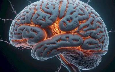 Ilustración cerebral 3D con neuronas disparando