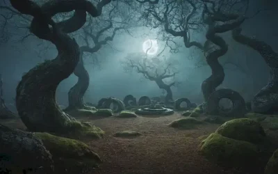 ilustración 3D de un bosque místico con árboles retorcidos