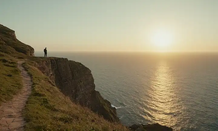 Una persona de pie en el borde de un acantilado con vistas a vastas aguas