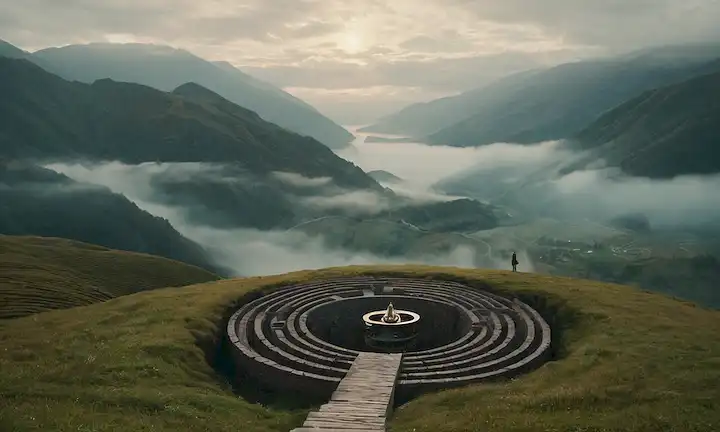 Un paisaje parecido al laberinto con una figura, una brújula y un espejo, con una escalera espiral, una linterna y un resplandor sutil, en medio de montañas malvadas y valles sucios, con un sentido de profundidad e infinito